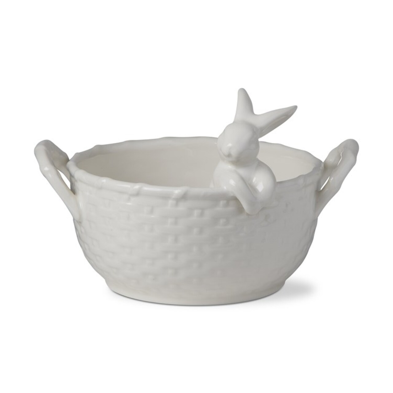 White Bunny Rabbit Pottery Easter Basket Bowl with Handles - Decorative Ceramic Centerpiece, Dishwasher Safe
